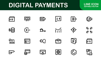 Digital Payments Icons. High-Quality Line and Outline Vector Illustrations for Mobile Wallets, Transactions, Online Payments, and Digital Finance