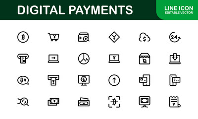 Digital Payments Icons. High-Quality Line and Outline Vector Illustrations for Mobile Wallets, Transactions, Online Payments, and Digital Finance