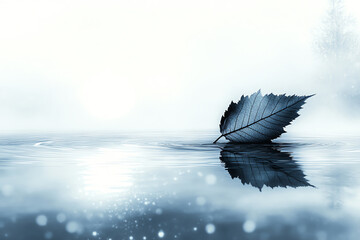 Illustrate a magical scene of a lone leaf silhouette floating gracefully on a shimmering pond, reflecting the moons gentle glow in a dreamy atmosphere