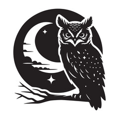 Moonlit silhouette of an owl Silhouette Vector Illustration, Solid White Background.