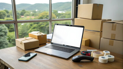 Laptop on a cluttered wooden desk with shipping boxes in a home