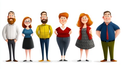 Diverse group of cartoon characters, various colors and clothing, full body, standing in a row on a white background, pixelated style, pastel colors