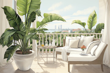 Fototapeta premium Illustrate a potted banana plant on a balcony, basking in sunlight, infusing the outdoor area with a touch of the tropics, against a crisp white setting