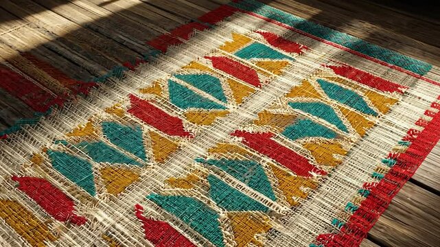 Handwoven Geometric Rug: A close-up shot of a vibrant, handwoven rug with intricate geometric patterns in shades of red, teal, and gold. The rug, crafted with natural fibers.