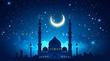 Beautiful Night Scene Mosque Crescent Moon Stars Night Sky Art Eid Hope Holy Dome Dark