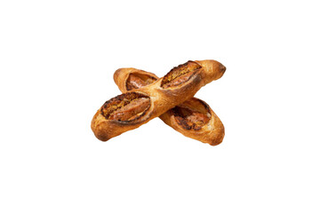 Obraz premium two sausage stuffed baguette pastries Isolated on white background