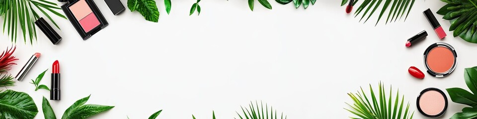 Tropical Makeup Flat Lay with Cosmetics and Leaves