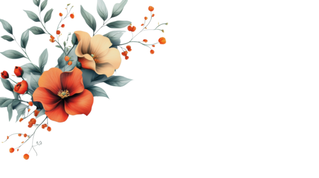 Blooming flowers and leaves creating a vibrant corner decoration on transparent background