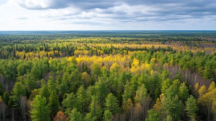 Autumnal canopy spectacle aerial view across vast forest landscape