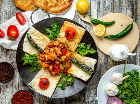 meat sadj  vegetables  greens  spices  top view