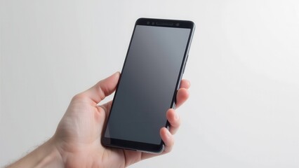 A hand holding a smartphone with a blank screen.