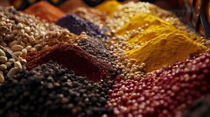 Fototapeta premium Vibrant Aromatic Spices Market- Colorful Turmeric, Peppercorns, and More