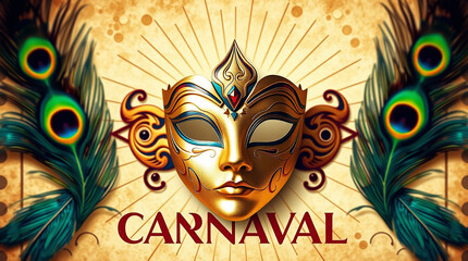 Un sello postal al estilo de los carteles Art D&eacute;co de la d&eacute;cada de 1920, presenta una m&aacute;scara veneciana con pan de oro y joyas. 