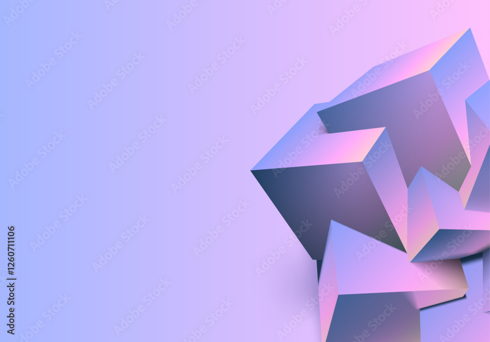 Poster Abstract 3D background with mix of cubes. Geometric shapes intersecting in violet and pink y2k styled background