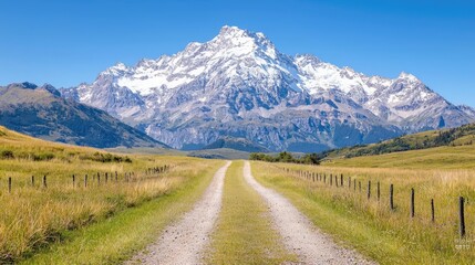 Mountain road leading to snowy peak, sunny day