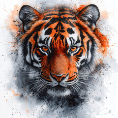 Naklejka premium Majestic tiger with vibrant orange and black stripes, showcasing fierce expression and intricate watercolor strokes blending beautifully