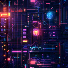 Obraz premium Abstract digital circuit design with vibrant neon colors and intricate patterns.