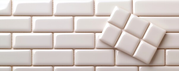Obraz premium A close-up view of white subway tiles arranged in a brick pattern, with one tile slightly offset, showcasing a modern and clean design.