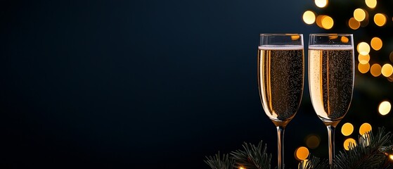 Two sparkling glasses of champagne sit elegantly against a dark background, adorned with festive bokeh lights, perfect for celebrating special occasions.
