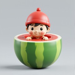 A boy is sitting in watermelon.