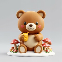 A brown teddy bear with red cheeks is eating some bananas.