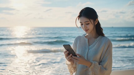 Naklejka premium Asian Woman Working on Laptop Outdoors in Nature