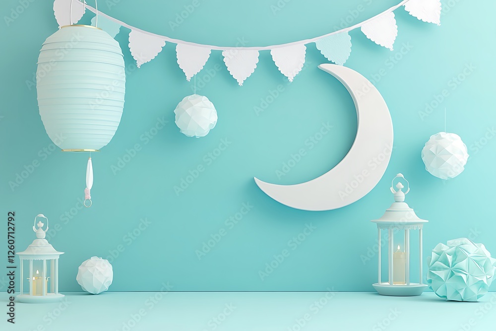 Fototapete 3d rendering image of ramadan and eid fitr theme greeting background with islamic decoration objects