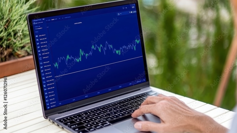 Poster close up of a person's hand on a computer keyboard, with a financial chart displayed on the computer