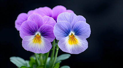 Fototapeta premium Two pansies, purple and blue, close-up, dark background, floral arrangement