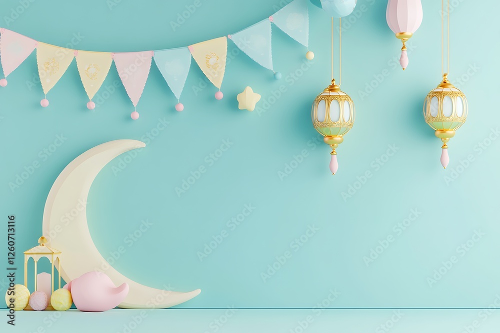 Fototapete 3d rendering image of ramadan and eid fitr theme greeting background with islamic decoration objects