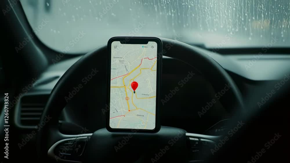 Aufkleber Smartphone navigation app displaying route and precise location while sitting on steering wheel during rainy urban driving conditions, tracking journey through wet streets in slow motion