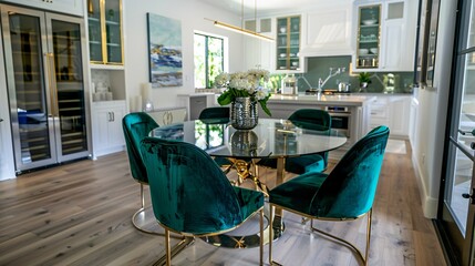 Elegant Kitchen Background with Green Velvet Chairs and Glass Table