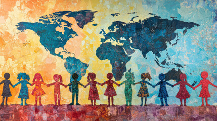 Fototapeta premium vibrant tableau of unity unfolds as silhouettes of diverse figures hold hands against colorful world map backdrop, symbolizing global togetherness and harmony