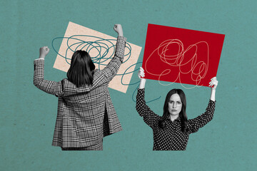 Composite art 3d creative image collage of two serious girls hold placard stand back fist gesture...