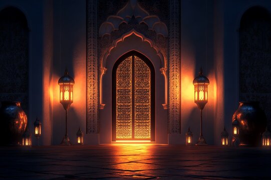 Intricate Arabic Doorway Night Scene Golden Lanterns 3d art dark warm gate islam light