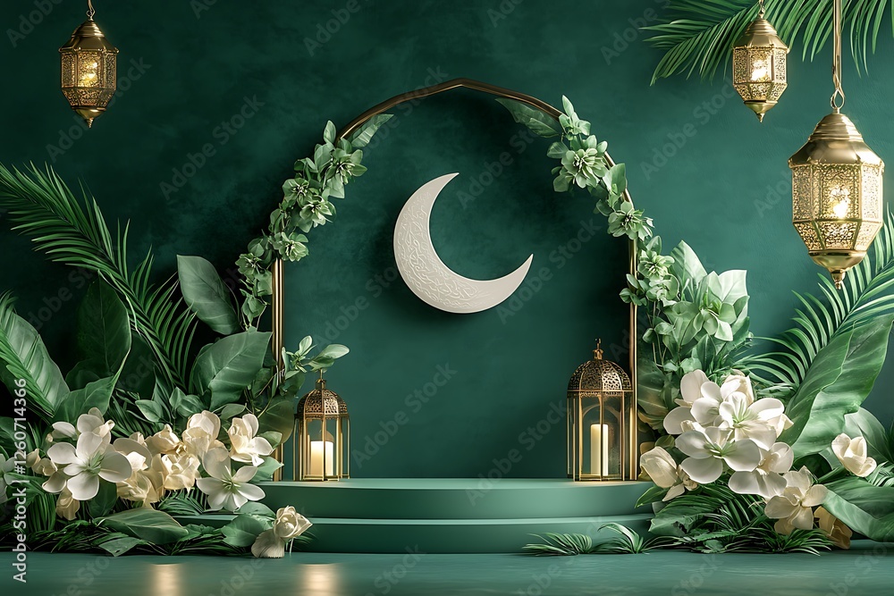 Fototapete 3d rendering image of ramadan and eid fitr theme greeting background with islamic decoration objects
