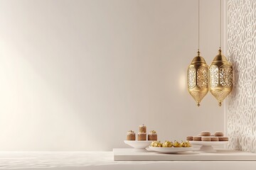 Ramadan Kareem and iftar muslim food, holiday concept. Bowl with dried dates and latterns with candles. Celebration idea.Muslim lamp and tasbih with dates on light background.Muslim lamp as Ramadan 