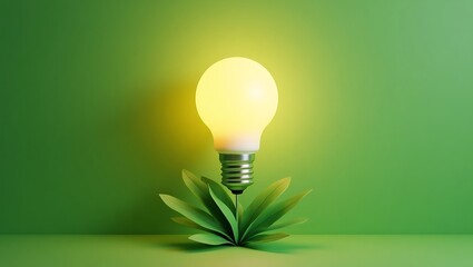 Light bulb, glowing sun rays, green leaves, eco-friendly concept,