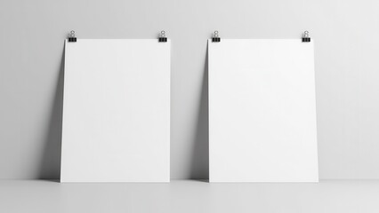 Flyer front and back mockup with two blank white sheets clipped to a wall.