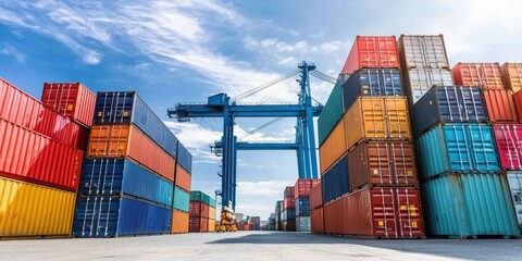 A vibrant scene of stacked shipping containers at a port, showcasing the logistics and trade industry under a clear blue sky.