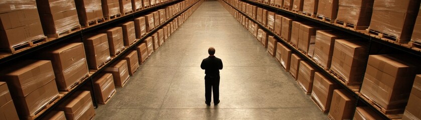 Obraz premium A person stands alone in a vast warehouse, surrounded by tall shelves filled with neatly stacked boxes, conveying a sense of solitude and scale.