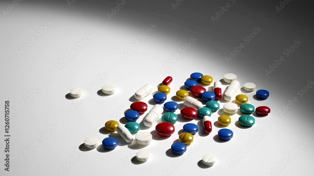 Poster rotating pharmaceutical pills and capsules displaying vibrant colors spinning against pristine white
