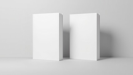 Front and back book cover mockup with two blank white books standing upright against a plain background.