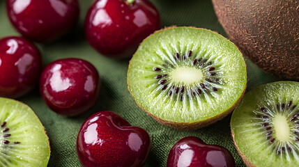 Juicy kiwi and cherries on green cloth, close-up