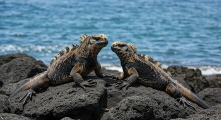 Fototapeta premium Marine Iguanas Basking on Volcanic Rock by the Ocean