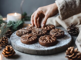 Festive hand reaching for chocolate Christmas cookies with icing detail