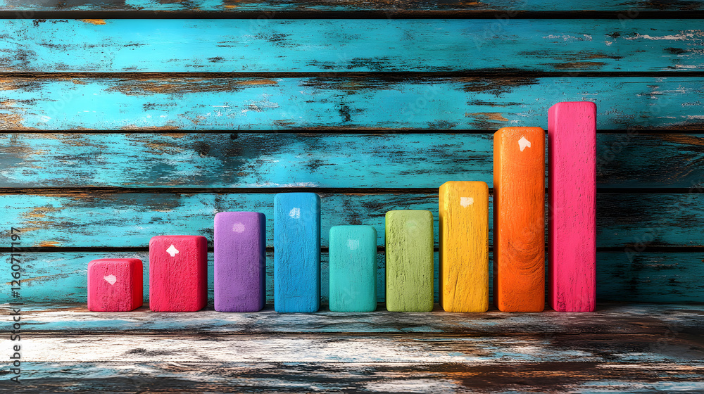 Poster A colorful bar graph displayed against a rustic wooden background, representing data visualization and growth