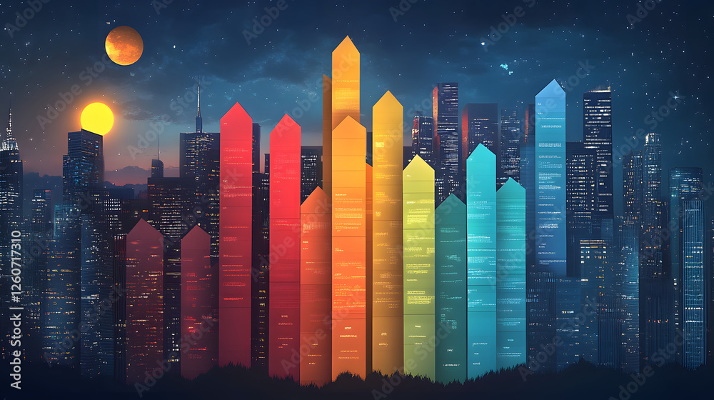 Poster a vibrant city skyline is illuminated under a starry sky, with colorful vertical bars resembling sou