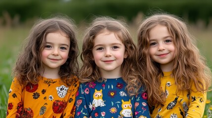 Three young girls with curly hair, smiling and looking directly at the camera. They are positioned close together, with their heads slightly tilted