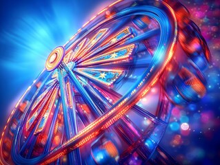 A vibrant ferris wheel spins joyfully, adorned with colorful lights at a nighttime amusement park festival. Visitors enjoy the lively atmosphere filled with excitement.